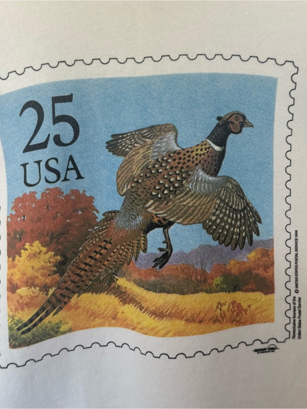 Vintage 80s Fruit of the Loom US Postal Graphic 1988 White Pheasant Stamp Crew - Picture 4 of 10
